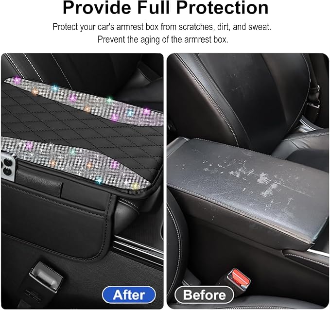 NBTEPEM Bling Car Center Console Cover, Leather Middle Console Cover with 2 Storage Bags, Universal Arm Rest Cover Protector, Bling Car Accessories Interior Fit for Most Vehicles, Multicolor Diamond