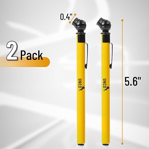UNCO- Pencil Tire Pressure Gauge, 2 Pack, 10-75 PSI, Yellow, Stainless Steel Body, Metal Made Nozzle, Rust and Corrosion Resistant, Pencil Air Pressure Gauge for Tires, 3 Measurements for Cars, Bikes