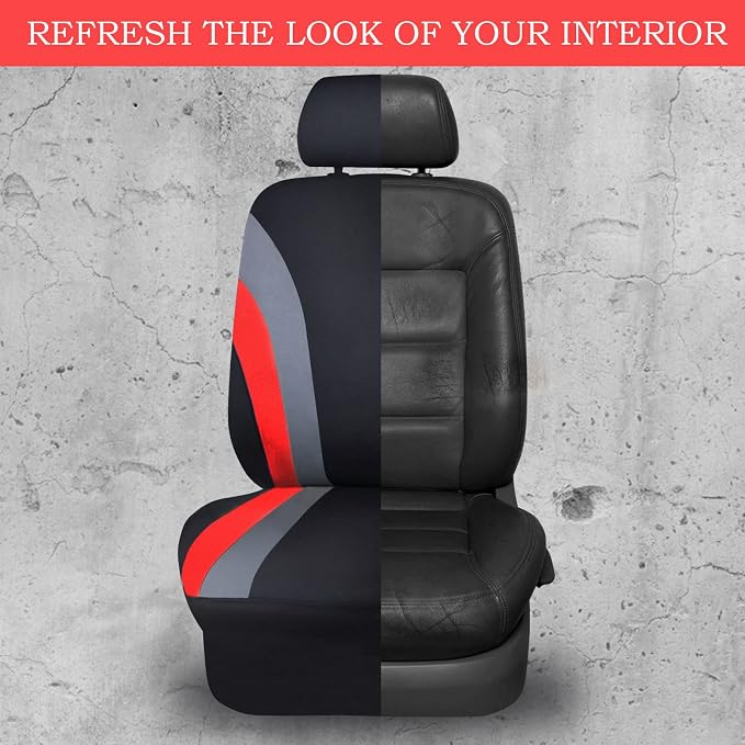 CAR PASS Line Rider Sporty Cloth 11PCS Universal Fit Car Seat Cover -100% Breathable with 5mm Composite Sponge Inside,Airbag Compatible,3zipper Bench(Full Set, Black and Red)