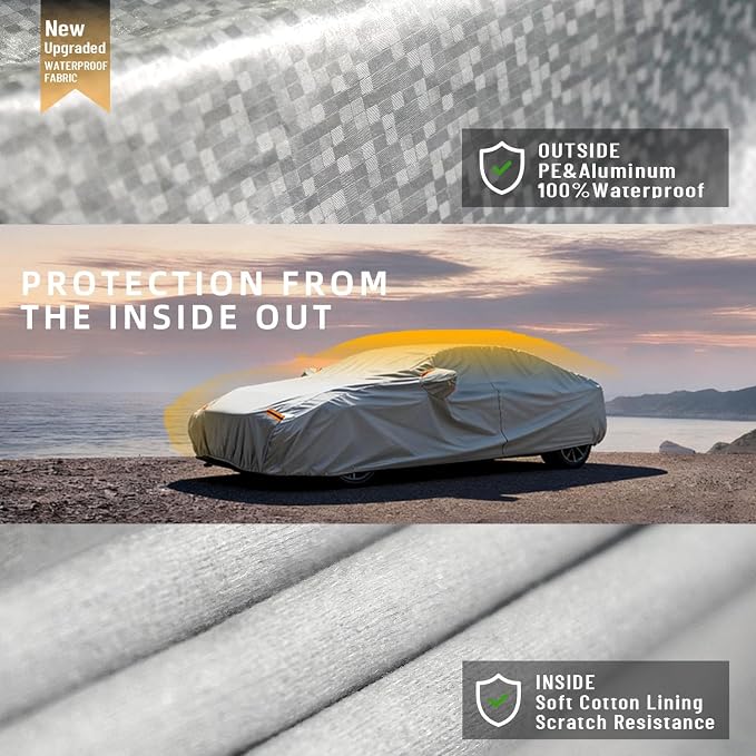 6 Layers Car Cover Waterproof All Weather for Automobiles Outdoor Full Cover Rain Sun UV Protection with Zipper Cotton Size A2 (186" to 193") Universal Fit for Sedan