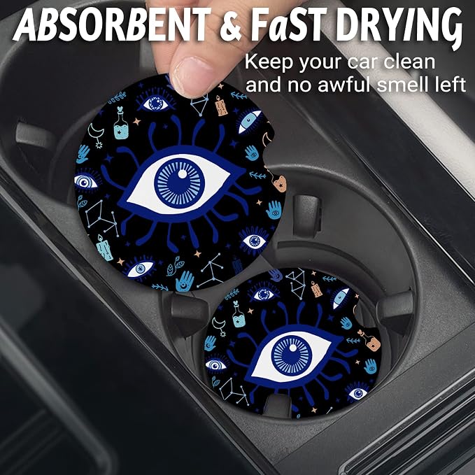 Yonlevres Car Coasters for Cup Holders，2.75" Anti Slip Rubber Mat with A Finger Notch, 2 Pack Car Cup Holder Coasters for Car Interior Accessories for Women Men Evil Eye