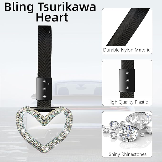 NBTEPEM Bling Tsurikawa Heart Handle Ring Bling Car Accessories for Women Handle Strap Drift Charm Rear Bumper Warning Ring Decor for Car Interior Exterior Decoration (Multicolor, Heart Style)