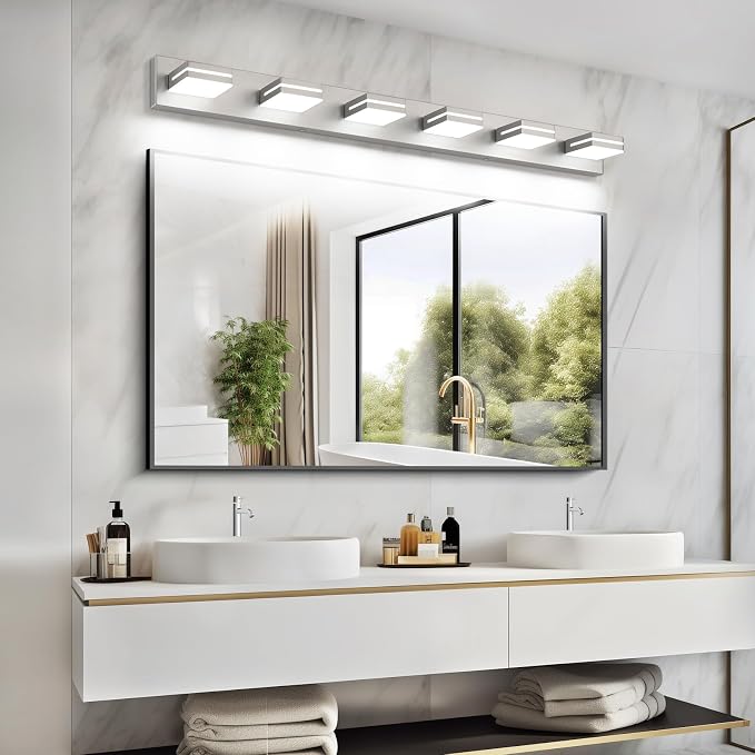 SineRise LED Modern Bathroom Vanity Light Fixtures (6-Light, 48-Inch, Dimmable), Brushed Nickel Modern Acrylic Bathroom Wall Lighting Fixtures Over Mirror (Cool White 6000K)