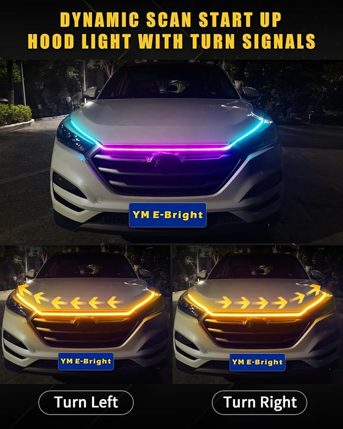 YM E-Bright Car Led Lights Exterior RGB Hood Light Strip Waterproof Multicolor Dynamic Scan Start Up Hoodbeam Kit with Turn Signal Indicator Function for Cars, Truck, SUV, APP Control, 12V 70inch