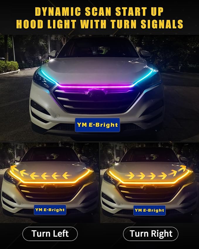 RGB Hood Light Strip with Sequential Turn Signal Indicator Function Waterproof Multicolor Dynamic Scan Start Up Hoodbeam Kit for Cars, Truck, SUV, with APP Control, 12V 79inch/2M (1Set)
