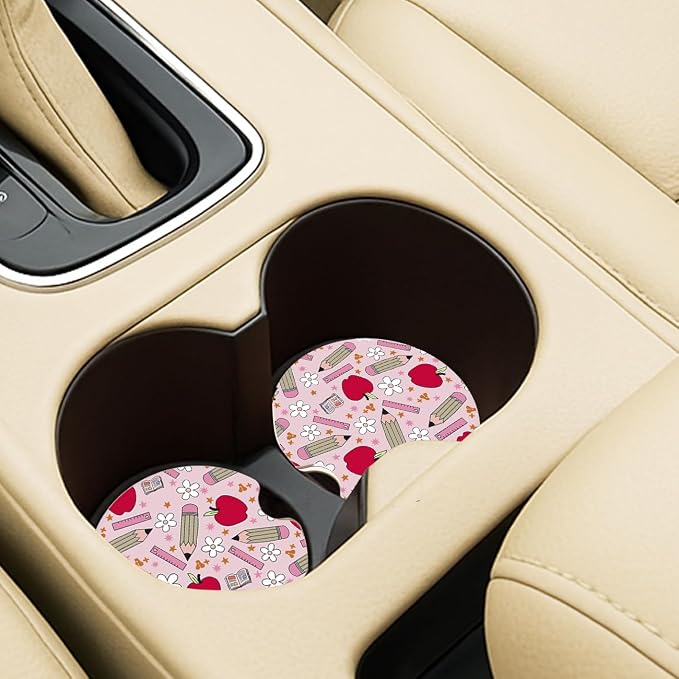 Ceramic Car Coasters – Absorbent Car Cup Holder Coaster Set for Women, Cute Aesthetic Car Accessories for Girls, 2 Pack (red)