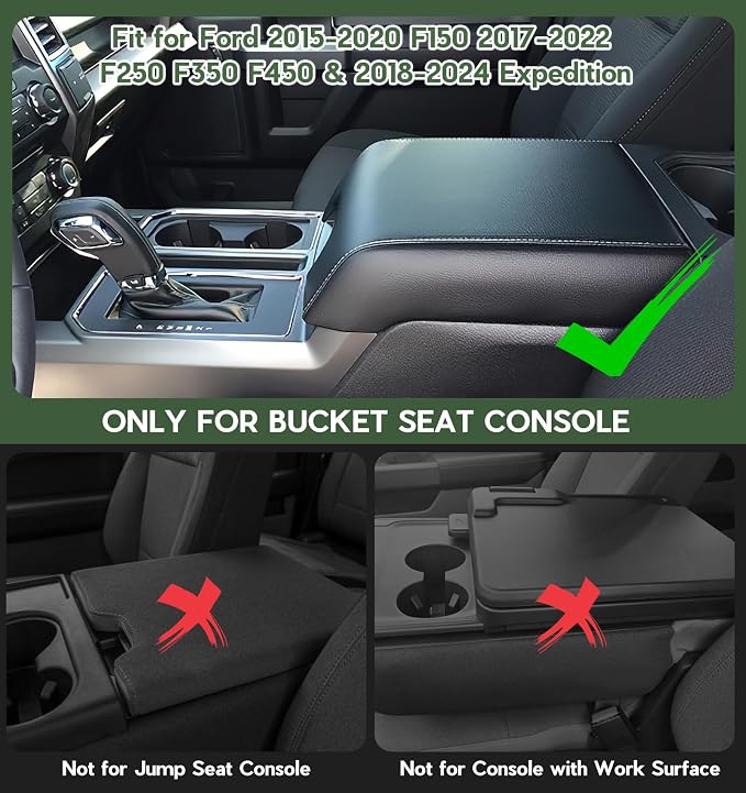 Sinvanho Center Console Cover Compatible with Ford F150 2015-2020, F250 F350 F450 2017-2022, Expedition 2018-2024, PU Leather Armrest Box Cover, Truck Interior Accessories, Anti-Scratch Protector
