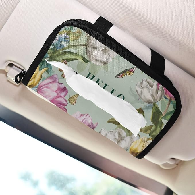 Green Spring Wildflowers Tulip Butterflies Car Tissue Holder Durable Napkin Holder Hanging Tissue Holders Case Car Tissues Bag for Sun Visor Seat Back Universal Auto