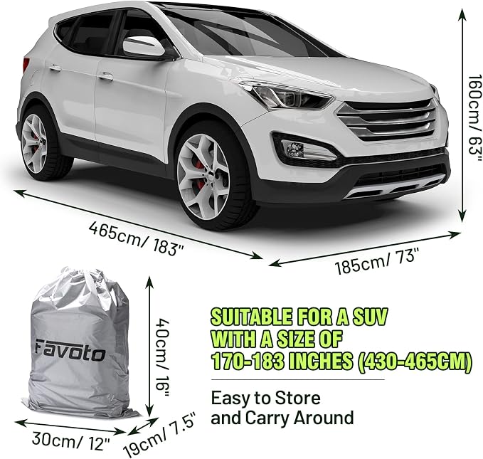 Favoto Car Cover Waterproof All Weather Windproof for SUV up to 181 Inches | UV Protection, Soft Cotton Lining, Driver Door Zipper, Reflective Strips and Storage Bag Included with Vehicle Fitment Black