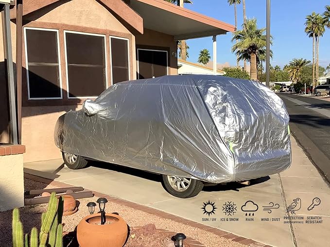 Tecoom Super Heavy Duty Multiple Layers SUV Car Cover All Weather Waterproof Windproof Reflective Snow Sun Rain UV Protective Outdoor with Buckles and Belt Fit 170-190 inches SUV