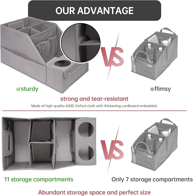 MULISOFT Car Seat Organizer - Backseat Organizer with 11 Storage Compartments and 2 Cup Holders for Travel, Kids | Made from durable Oxford fabric with a waterproof surface, anti-slip buckles, and a foldable design for easy storage.