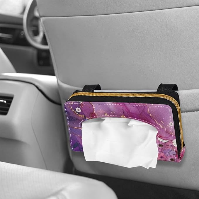 Purple Marble Flower Automotive PU Leather Backseat Tissue Case Holder Universal Car Visor Tissue Holder for SUV Sedans Vans
