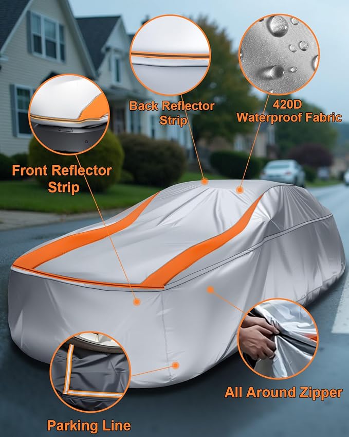 Full Enclosed Sliver Car Covers Universal Fit Ford Mustang,Corolla,Civic,C3/C4/C5/C7/C8 Corvette,Jetta,Forte,Model 3,Sentra,Elantra,A4,911,3 Series for Sedan/Coupe/Cabrio Length 177-191 inches