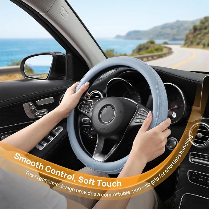 Zpana Car Steering Wheel Cover, 14.5-15" Breathable Soft Leather Vehicle Steering Wheel Protector with Anti-Slip Lining, Comfortable Auto Interior Decoration Accessories, Universal Fit (Blue)