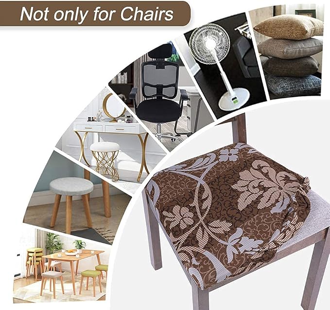 SearchI Seat Covers for Dining Room Chairs Stretch Printed Chair Seat Covers Set of 8, Removable Washable Upholstered Chair Seat Protector Cushion Slipcovers for Kitchen, Office(Brown+Flower)