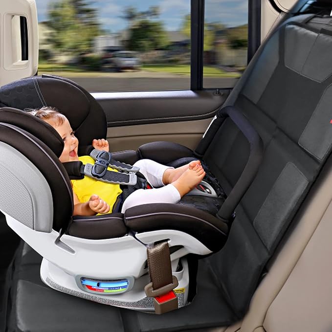 Kaiphy Car Seat Protector with Thick Padding + XL Large Car Seat Cover for Child Car seat, Eco Friendly Waterproof & Durable Fabric + 2 Storage Pockets Protect Fabric or Leather Seats 2Pack (Black)