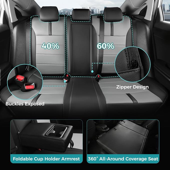 Seat Covers for Honda Civic Sedan EX-L, EX-T, EX, Touring, Sport 2016-2021, Faux Leather Car Seats Cover Full Set Waterproof Black Grey (60/40 Split Seatback-with Rear Armrest)