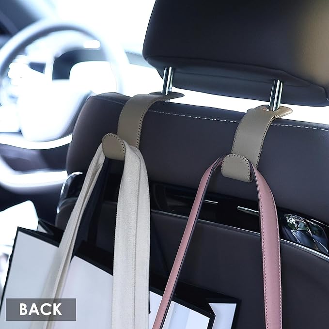 AMVOYOA Leather Car Hooks for Headrest - Fully Leather-Wrapped U-Shaped Purse Holder for Car, Flexible Seat Back Organizer & Durable Car Accessories for Purses, Bags, Coats & More (Beige, 2 Pack)
