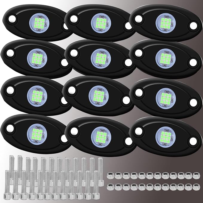 12 Pods Green LED Rock Lights Neon Underglow Light for Car Truck ATV SUV | Under Body Glow Light Trail Fender Lighting