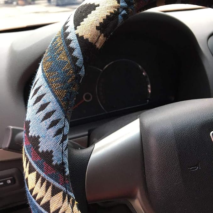 SHIAWASENA Car Steering Wheel Cover, Coarse Flax Cloth, Ethnic Style, Universal 15 Inch Fit, Anti-Slip Sweat-Absorbent (I#)