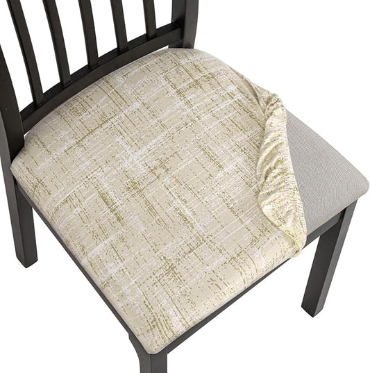 SearchI Seat Covers for Dining Room Chairs Stretch Printed Chair Seat Covers Set of 4, Removable Washable Upholstered Chair Seat Protector Cushion Slipcovers for Kitchen(Beige Linen-Look Print)