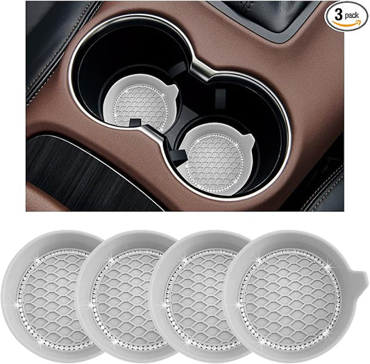 Ziciner 4 PCS Car Cup Coaster Holders, 3.15 Inch Silicone Anti-Slip Auto Insert Coaster, Crystal Rhinestone Car Drink Cup Mat, Universal Durable Auto Interior Accessories (Grey, 4Pack)