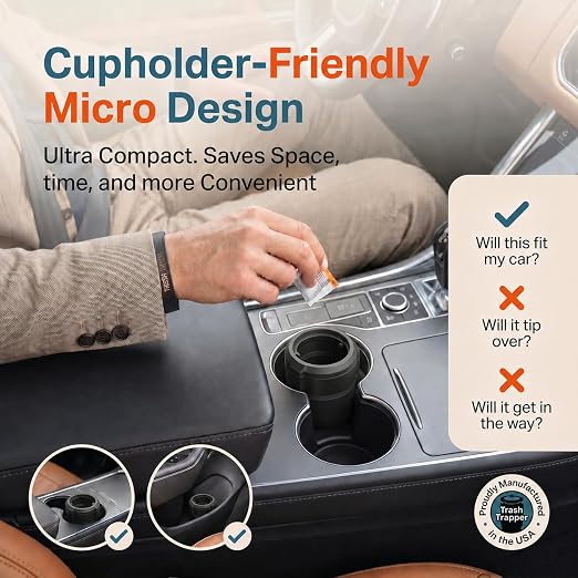 Trash Trapper Car Trash Can Cup Holder | Micro Car Trash Can | Fits Flush in Most Cupholders | 3.5" x 3.5" | Traps More & Empties Less, Patent-Pending Compaction, Holds Small Garbage, Black/Black