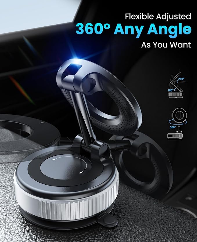 Jononser Magnetic Car Phone Holder for MagSafe, Nano-Gel Suction Cup Phone Mount for Dashboard & Windshield, Pocket-Size Foldable 360° Adjustable Car Mount for iPhone 17 16 15 14 13 12 Series, Silver