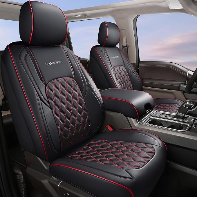 Huidasource Wrangler JL Seat Covers 4 Door, Leather Car Seat Covers Full Set, Custom Seat Cushion Protector Fit for Jeep Wrangler JL 4-Door 2018-2026 Without Rear Cupholder (Full Set/Black&Red)