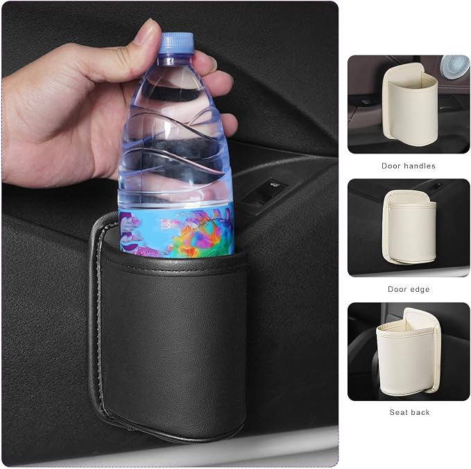 2 PCS Large Car Door Cup Holders, Clip On Beverage Drink Holder Vehicle Door Storage Organizer, Scratch-Resistant Leather Water Bottle Hanging Holder for SUV Sedan Truck (Black+White)