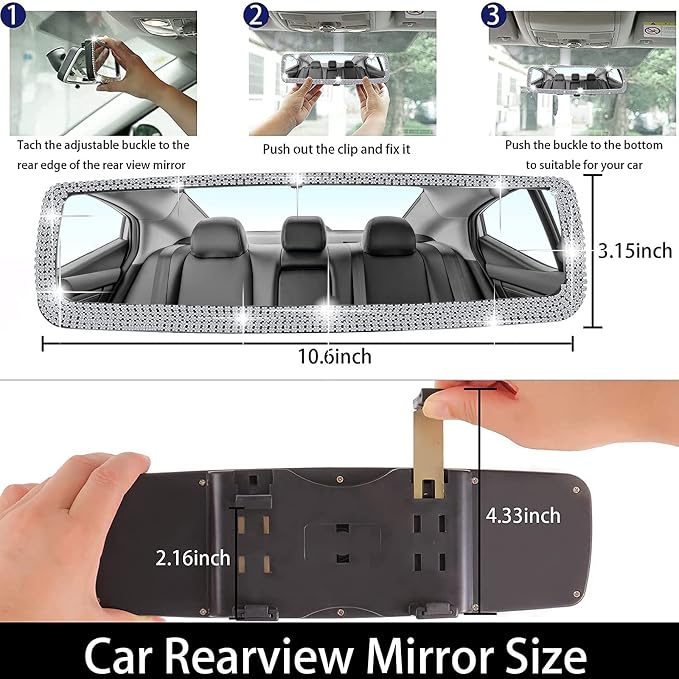 Bling Rear View Mirror Car Accessories, Sparkling Diamond Rear View Mirror Cover with 2 PCS Universal Car Hooks, Cute Car Bling Accessories for Women