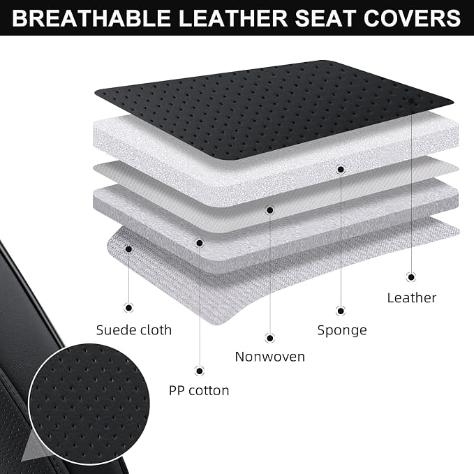 Black Car Seat Covers Full Set, Breathable Leather Automotive Front and Rear Seat Covers & Headrest, Universal Automotive Vehicle Seat Cover for Most Sedan SUV Pick-up Trucks