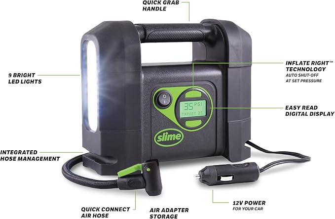 Slime 40047 Tire Inflator, Portable Car Air Compressor, Rugged, Inflate Right automatic shut off, with Digital 99 psi Display, Long Hose and LED Light, 12V, 4 min inflation
