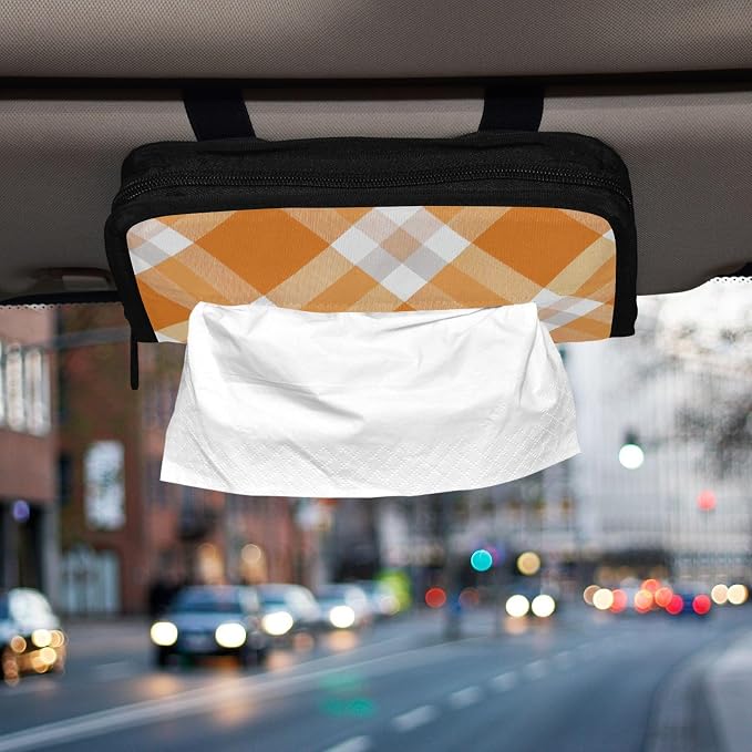 Orange and White Checkered Pattern Car Tissue Holder Durable Napkin Holder Hanging Tissue Holders Case Car Tissues Bag for Sun Visor Seat Back Universal Auto