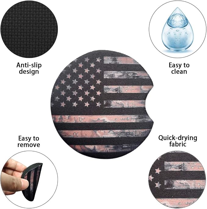 Osilly Car Coasters for Drinks, 2PCS Absorbent Camo America US Flag Cup Holders for Women and Men, 2.75 Inch Removable Cup Holder Insert Coaster, Car Interior Accessories for Most Cars (Black)