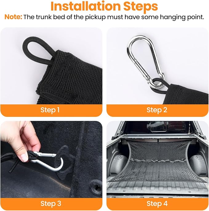 Double-Layer Truck Bed Organizer Net Elastic Cargo Mesh for Pickup Bed | Stretchable Mesh from 4x4 FT up to 7x7 FT | 8 Heavy-Duty Carabiners | 6 Rings Included | Anti-Slip | Easy Install