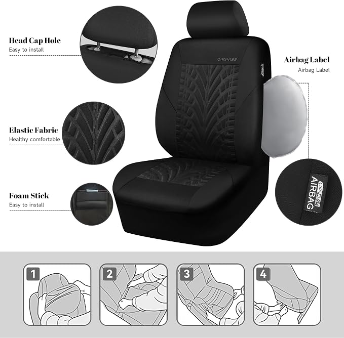 CAR PASS Car Seat Covers Full Sets, Front & Split Rear Bench for Car, 3D Tyre Embossed Automotive Interior Covers, Airbag Compatible, Quick Setup Universal Fit Seat Covers for Car, SUV(All Black)