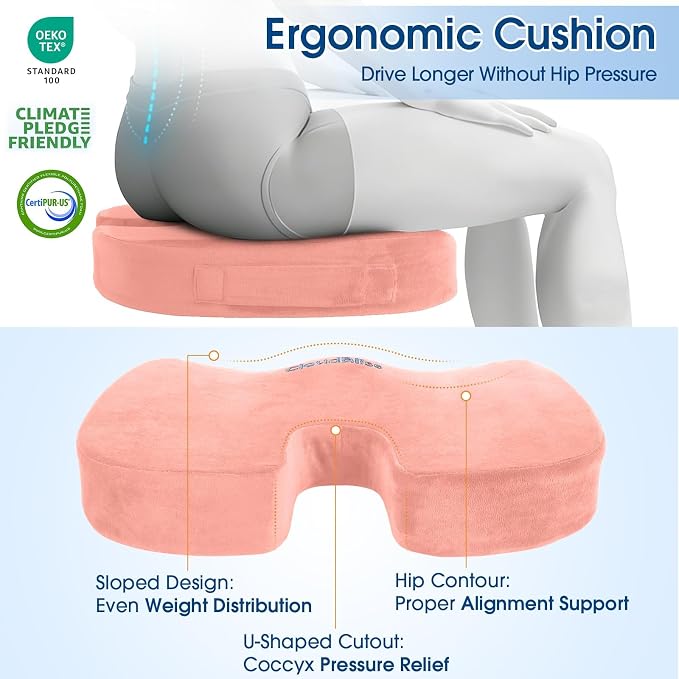 CloudBliss Lumbar Support Pillow & Seat Cushion Set for Office Chair, Desk Chair, Wheelchair & Car – Memory Foam Back Support, Ergonomic Chair Cushions, Sciatica Pain Relief, Home Essentials(Pink,XL)