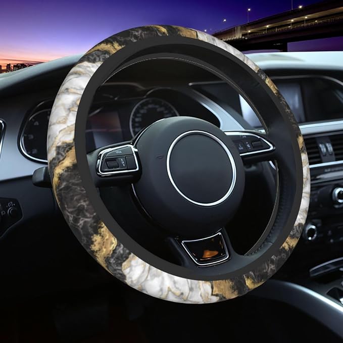 Marble Black And Grey Gold Steering Wheel Cover For Women Men Girls, Universal 15 Inch Anti Slip Steering Wheel Protector Car Accessories Interior For Auto Truck Suv
