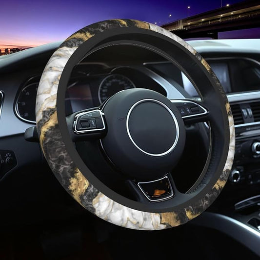 Marble Black And Grey Gold Steering Wheel Cover For Women Men Girls, Universal 15 Inch Anti Slip Steering Wheel Protector Car Accessories Interior For Auto Truck Suv