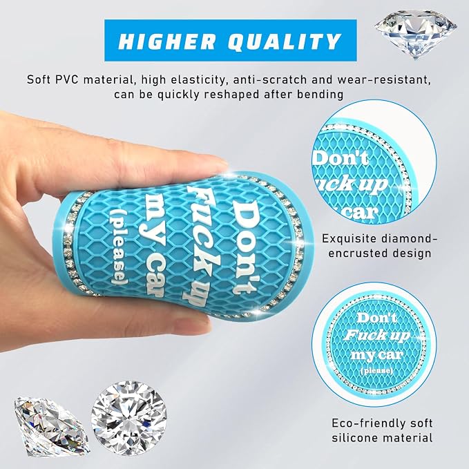 4 PCS Bling Car Cup Coaster, 2.75 Inch Anti-Slip Cup Holder Insert Coasters, Universal Crystal Rhinestone Auto Drink Car Cup Mat, Interior Car Accessories for Women Girls (Light Blue)