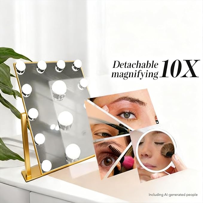 Makeup Vanity Mirror with LED Lights Makeup Mirror Detachable 10X Magnification, Hollywood Make Up Mirror with Lighting, Smart Touch, Rechargeable,360° Rotation, Gold 17.12"x13.77"