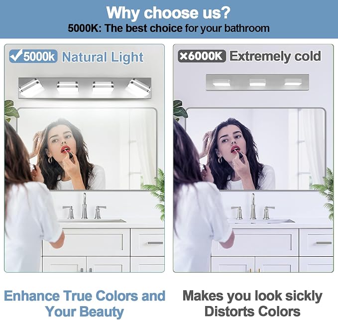 Torondo 360° Rotate LED Bathroom Vanity Light Fixtures, Acrylic Vanity Lights for Bathroom, Modern Wall Lighting Fixtures Over Mirror Living, Chrome, Natural White, 4-Light, 27-Inch