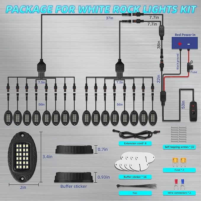 16Pods Metal Pure White LED Rock Lights Kit 6500K for Truck Pickup Offroad | Aluminum Housing, Plug-and-Play & Pre Wired, Switch Wiring Harness Extension Fuse, 384Chips Waterproof 12V, Pure Copper Wire