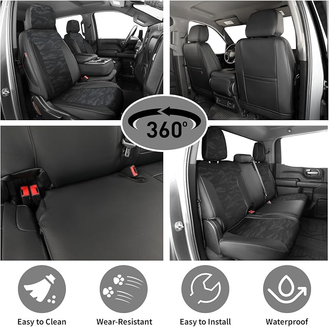 EKR Silverado Seat Covers Custom Fit for (Crew Cab) 2019-2026 Chevrolet Silverado 1500/1500 Limited/HD 2500/3500, Rear Row W/No Armrest,Faux Leather(Black/Gray Camo A122)