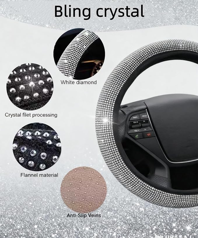 11 pcs Bling Car Accessories Set for Women, Steering Wheel Cover, Sparkly Seat Belt Covers, Daisy Vent Clips, Bling Shift Cover, Universal Fit Most Cars (White Diamond)