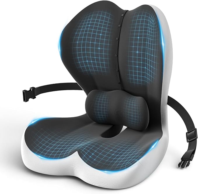 Large Car Seat Cushion with Lumbar Support Pillow for Long Sitting | Hollow Design for Coccyx, Reducing Sciatica Pressure, Tailbone & Lower Back Comfort, Memory Foam Cushion, Non-Slip for Chair