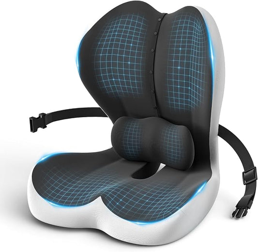 Large Car Seat Cushion with Lumbar Support Pillow for Long Sitting | Hollow Design for Coccyx, Reducing Sciatica Pressure, Tailbone & Lower Back Comfort, Memory Foam Cushion, Non-Slip for Chair
