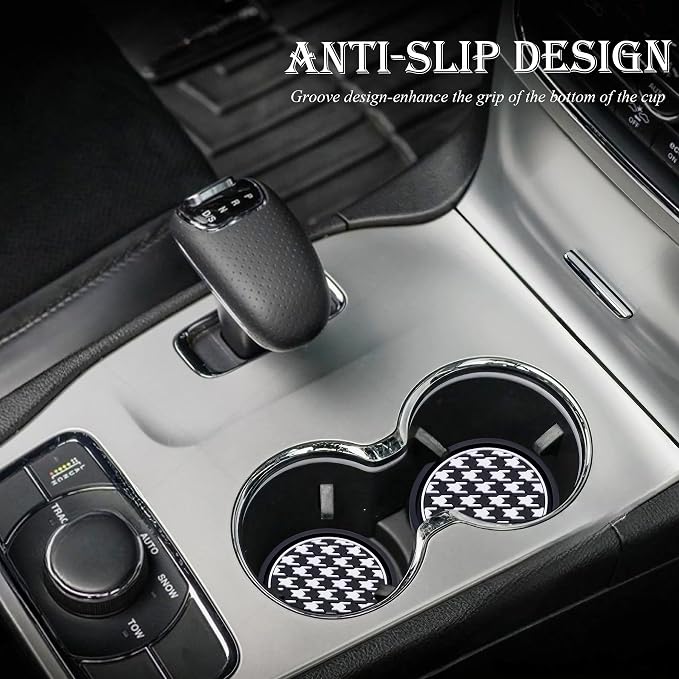 2.75 Inch Auto Cup Coaster 2 Pack – Non-Slip Car Drink Holder Mat, Universal Interior Accessories for Women & Girls, Fashionable Design (Houndstooth)