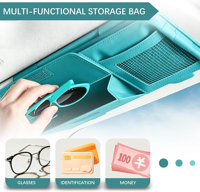 Car Sun Visor Organizer, Visor Accessories, Leather Sunvisor Pocket Organizer Case with Multi-Pocket Net Zipper, Waterproof Auto Sunshade Organizer Bag for Card Pen Sunglasses Document (Blue)